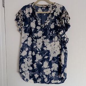 Ralph Lauren Navy and White Floral Split-Neck Flutter Sleeve Blouse